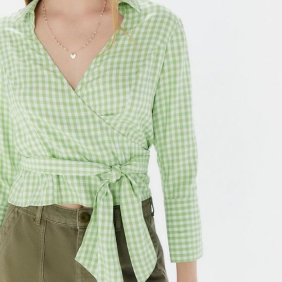 Urban Outfitters Tops - NEW UO Green Gingham Cropped Wrap Blouse